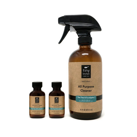 Tiny Kitchen Soap Co. Natural All Purpose Cleaner Starter Kit - Tea Tree & Eucalyptus (Glass Spray Bottle and Two Concentrated Refills)